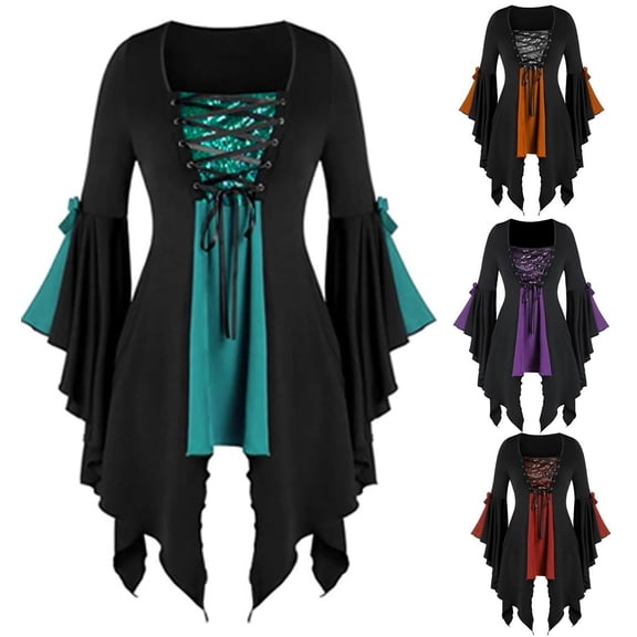YVNAURA Women‘s Plus Size Gothic Lace Tunic Blouse Sequined Flare Long Sleeve Victorian Renaissance Top Black Shirt for Halloween Cosplay Steampunk Party 1 Pack, Green,L