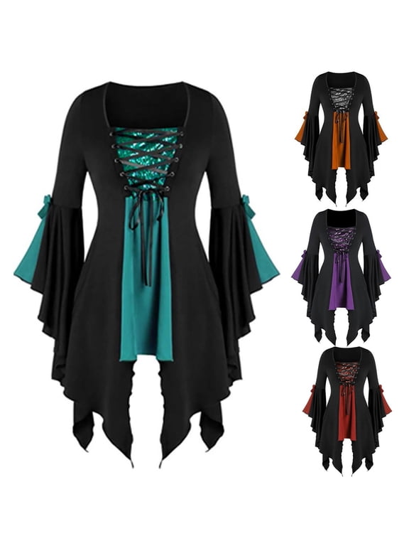 Women‘s Plus Size Gothic Lace Tunic Blouse Sequined Flare Long Sleeve Victorian Renaissance Top Black Shirt for Halloween Cosplay Steampunk Party 1 Pack, Green,L