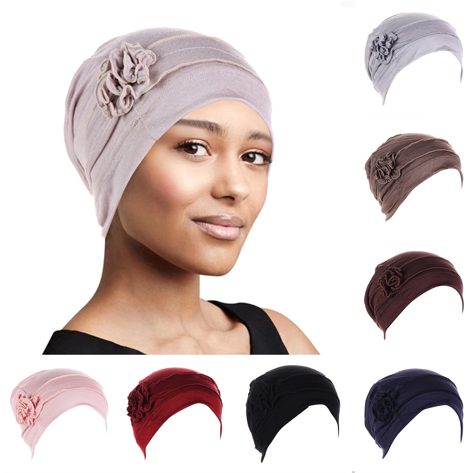 YVNAURA Women‘s Pre-Tied Beaded Splicing Chemo Turban Ruffle Muslim Head Scarf Cap Soft Cotton Stretchy Hair