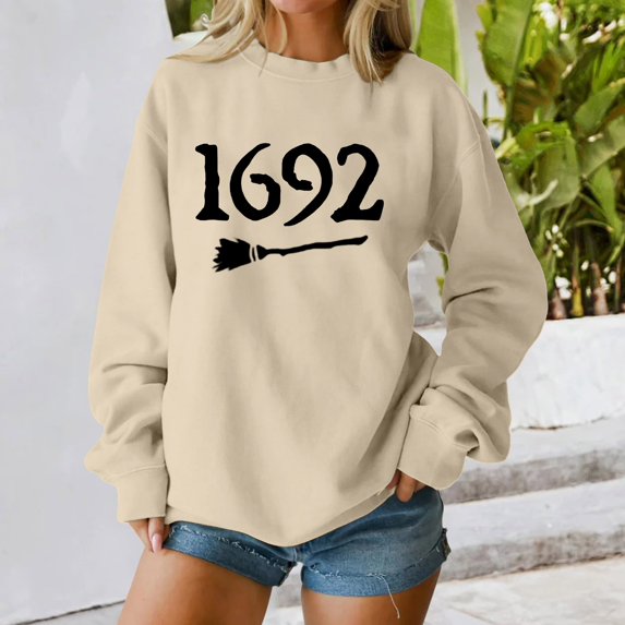 YVNAURA Women’s Salem 1692 Sweatshirt Funny Witch Hunting Halloween Pullover Crewneck Long Sleeve Vintage Spooky Season Top Casual Fall Tee 1 Pack, Beige,XXXL