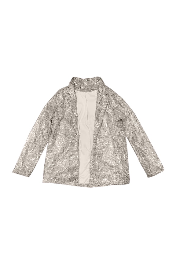 Women's Sequin Jacket Sparkly Open Front Blazer Long Sleeve Glitter Shiny Lapel Cardigan Coat Casual Party Outerwear with Fully Lined Lightweight Fit, Silver,L