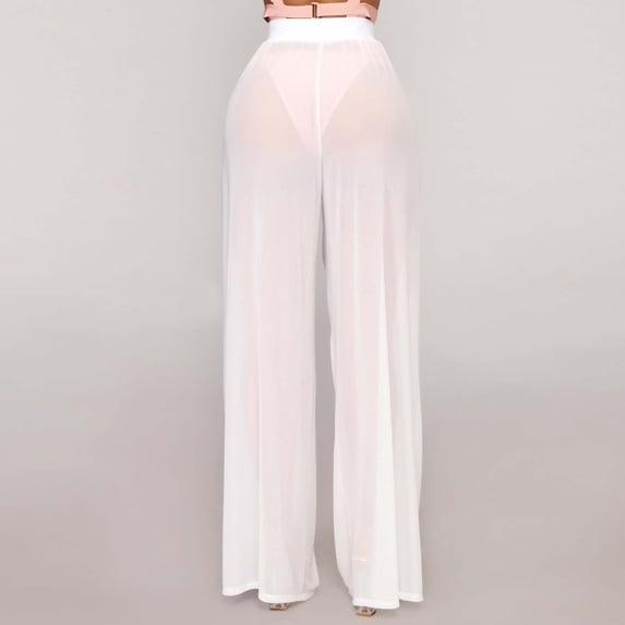 YVNAURA Women's Sheer Mesh Beach Pants Swimsuit Cover Ups Crochet Wide Leg Swim Cover Up Pants Elastic Waist Summer Vacation 2026, White,S