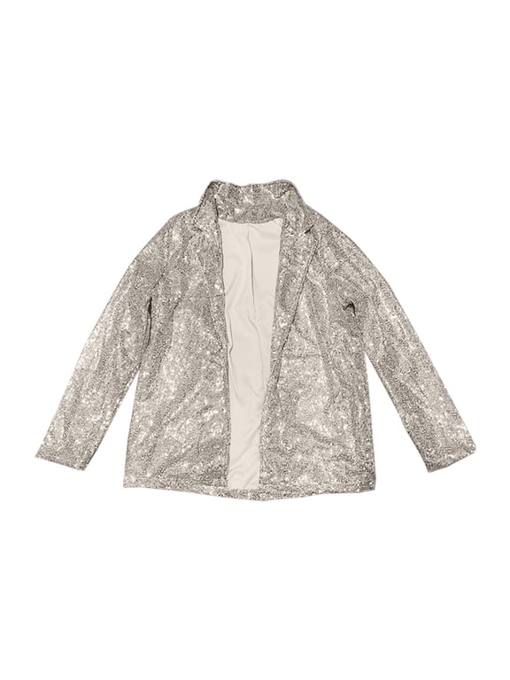 Women's Shiny Sequin Open Front Cardigan Jacket Long Sleeve Sparkly Glitter Blazer Lapel Coat Lightweight Fully Lined Casual Party Rave Festival Outwear, Silver,S