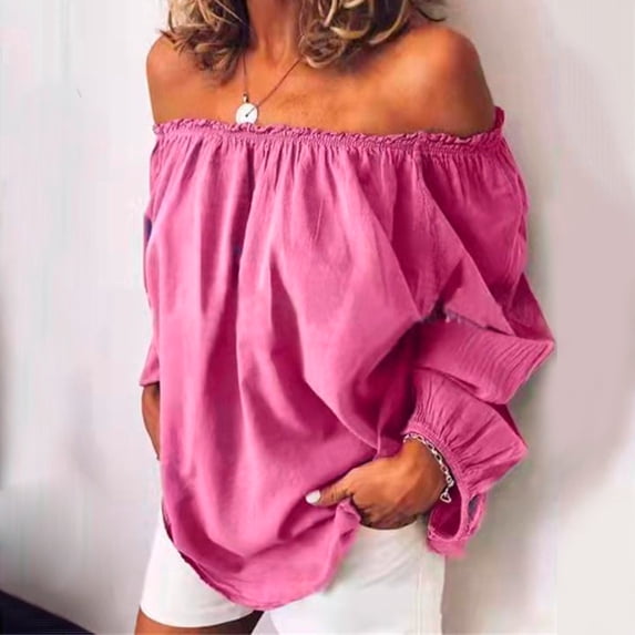 YVNAURA Women's Off Shoulder Tops Ruffle Sleeve Blouse Cold Shoulder Shirt Casual Loose Fit Summer Top Smocked Elastic Neckline Going Out Vacation Flowy Tee 2026, Red,L