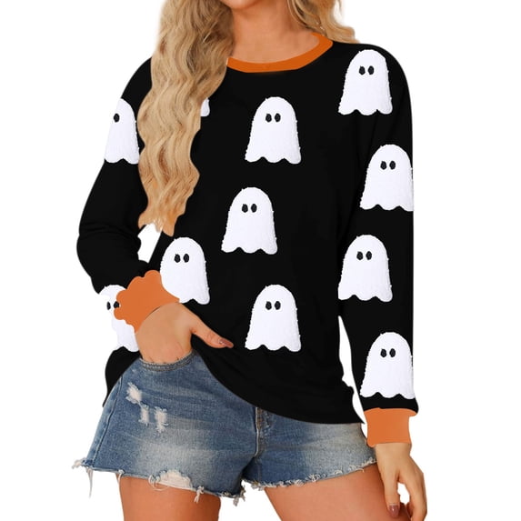 YVNAURA Women’s Spooky Season Pumpkin Graphic Crewneck Sweatshirt Oversized Long Sleeve Pullover Loose Fit Cute Halloween Fall Tops for Party Daily Wear 1 Pack, Black,M