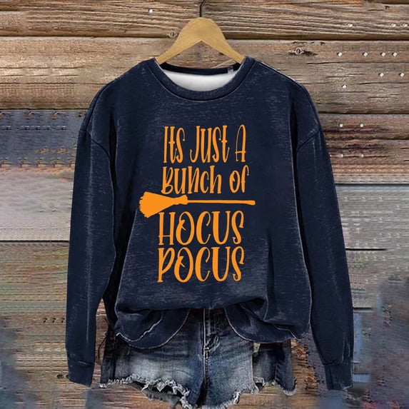 YVNAURA Women’s Spooky Season Yellow Witch Graphic Sweatshirt Long Sleeve Crewneck Casual Pullover Oversized Top for Fall Winter Halloween Dailywear 1 Pack, Navy,L