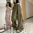 thumbnail image 1 of YVNAURA Women's Streetwear Wide Leg Pants High Waisted Baggy Cargo Trousers with Pockets Loose Fit Hip Hop Joggers Drawstring Elastic Waist Summer Work Casual Pants S-XXL, Green,L, 1 of 4