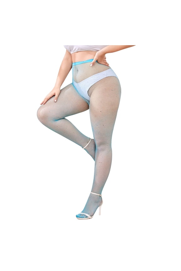 Women's Stretchy Rhinestone Fishnet Stockings Sparkle Mesh Tights Plus Size High Waist Over The Knee Glitter Socks Thigh High Net Pantyhose for Party, Blue,XL