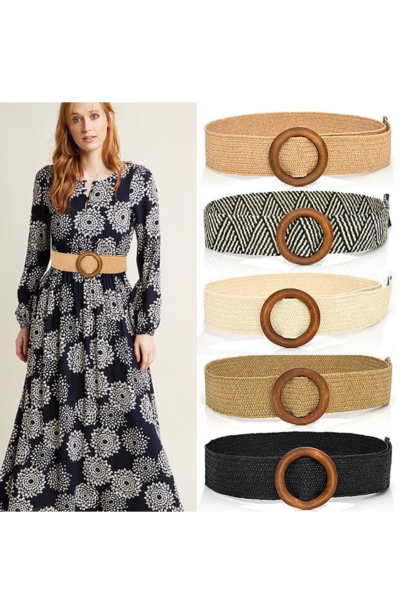 Women's Wide Elastic Stretch Waist Belt Straw Woven with Wooden Buckle Boho Vintage Cinch Belt for Dress Coat Tunic Sweater Adjustable One Size Fashion Waistband Accessory, Black,One Size