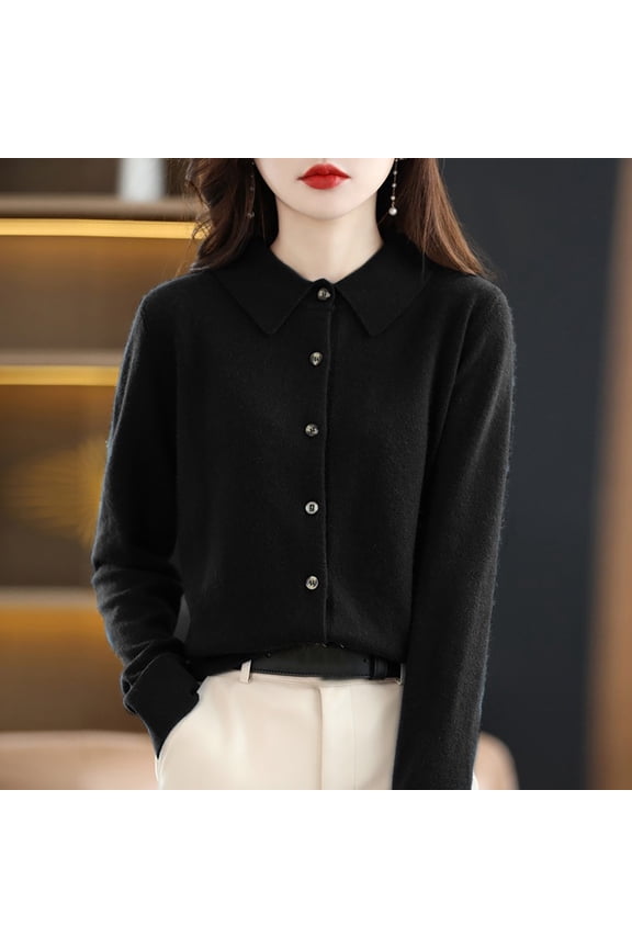 Women's Wool Cardigan Sweater Fall Winter Lapel Collar Long Sleeve Button Down Knit Cardigan Soft Warm Lightweight Open Front Solid Color Casual Coatigan Top, Black,XXL