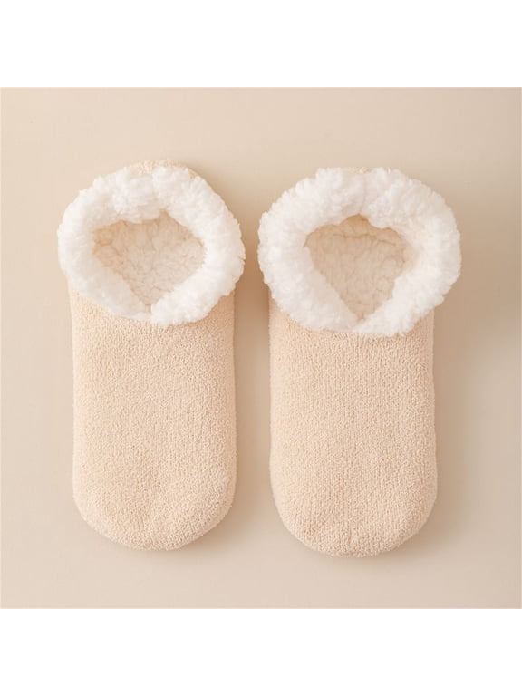 Womens 1 Pair Thick Warm Lamb Wool Plush Slipper Socks Non Slip Fleece Lined Floor Socks Cozy Fuzzy Home Bed Socks for Winter Couple Gift One Size, Beige,One Size