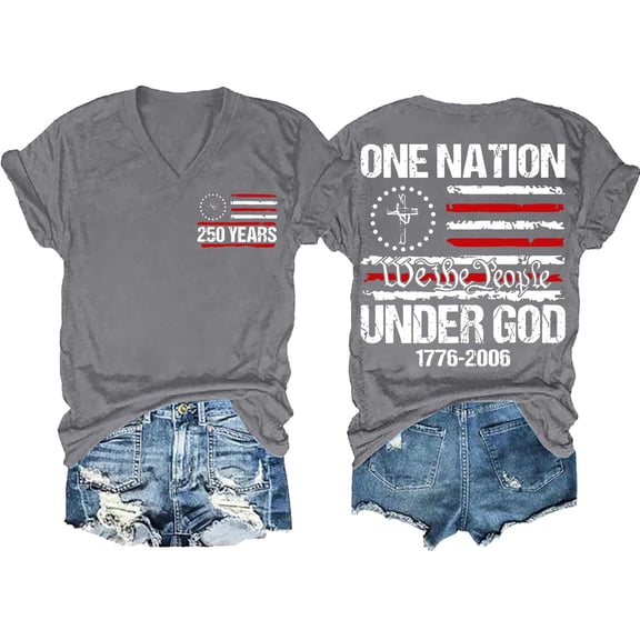 YVNAURA Womens 250th Anniversary USA Shirt Patriotic V Neck Tee Under $15 American Flag Fireworks Print 4th of July Top 2026 Independence Day Blouse