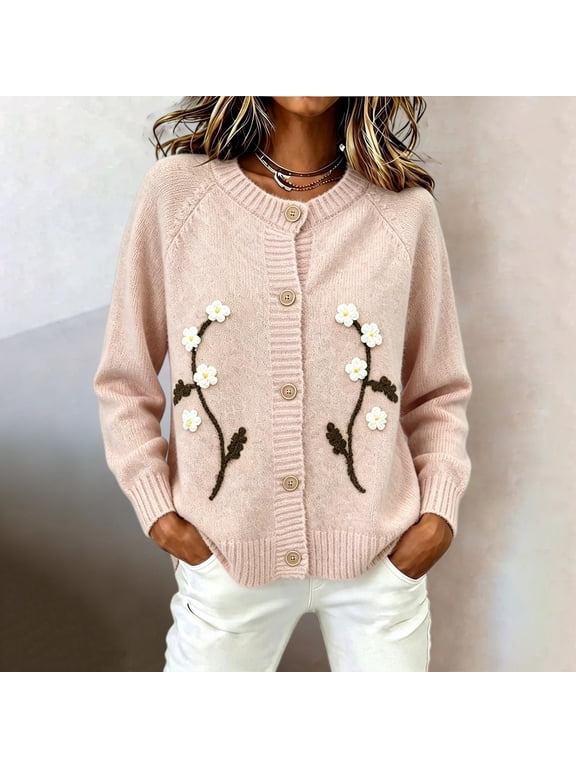 Womens 3D Floral Embroidered Cardigan Crew Neck Button Down Raglan Long Sleeve Chunky Knit Loose Sweater Jacket with Pockets Cute Casual Fall Winter Outerwear, Pink,L