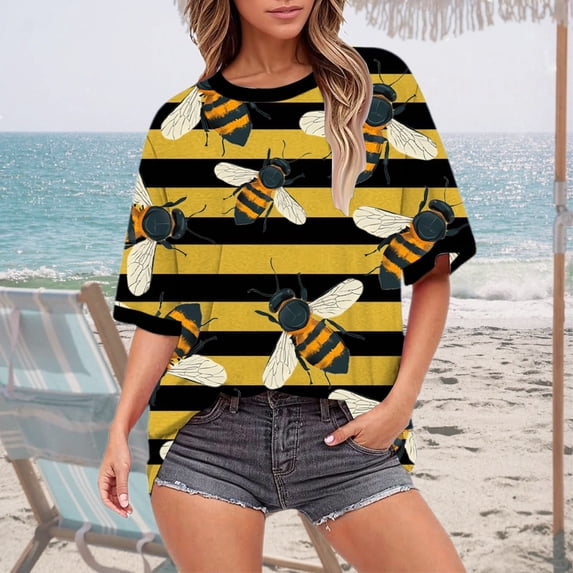YVNAURA Womens 3D Printed Yellow Black Striped Tee Short Sleeve Round Neck Loose Oversized T Shirt Summer Festival Casual Top Vibrannt Cotton, Orange,M