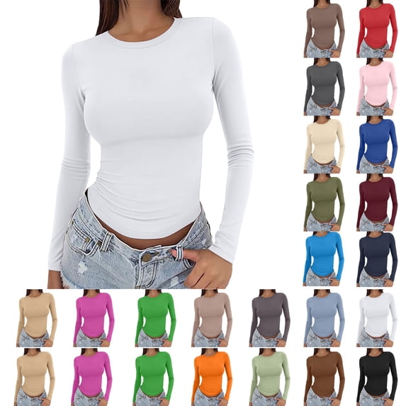 YVNAURA Womens Athletic Tops Long Sleeve Round Neck Slim Fit Shirt Basic Clothing 2026 Outdoor Sports Top Moisture Wicking Workout Tee for Running Yoga Gym, White,L