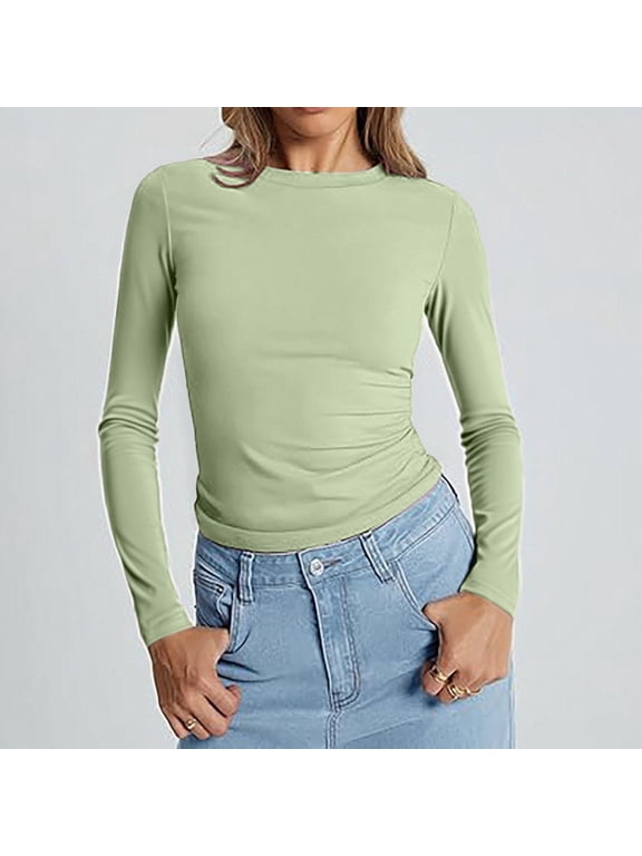 Womens Athletic Tops Long Sleeve Round Neck Slim Fit Shirt Basic Clothing 2026 Outdoor Sports Top Moisture Wicking Workout Tee for Running Yoga Gym, GN3,M