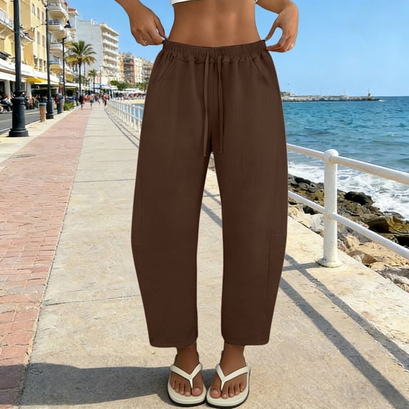 YVNAURA Womens Barrel Baggy Cropped Pants High Waist Elastic Drawstring Loose Fit Sweatpants with Pockets Lightweight Joggers Casual Lounge Travel Workout Capris, Brown,M