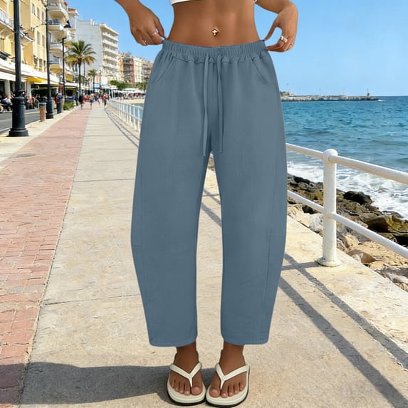 YVNAURA Womens Barrel Baggy Cropped Pants High Waist Elastic Drawstring Loose Fit Sweatpants with Pockets Lightweight Joggers Casual Lounge Travel Workout Capris, Light Blue,L