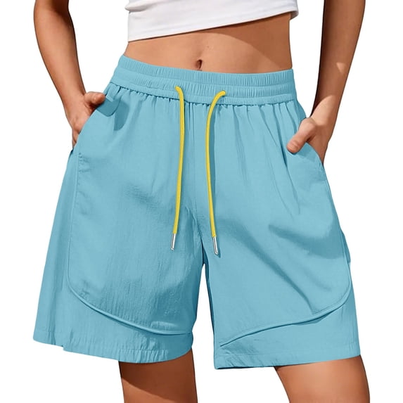 YVNAURA Womens Bermuda Shorts High Waisted Loose Fit Straight Leg Casual Summer Shorts with Pockets Elastic Drawstring Above Knee Sporty Lounge 2026,Light Blue,L