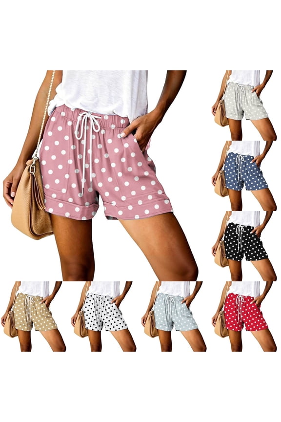 Womens Casual Summer Shorts 2026 Polka Dot Print High Waist Drawstring Elastic Waist with Pockets Lightweight Lounge Beach Vacation Outfits,Pink,L
