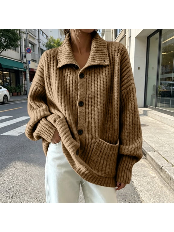 Womens Chunky Ribbed Collared Cardigan Oversized Button Down Long Sleeve Open Front Knit Sweater Jacket with Pockets Loose Fit Casual Fall Winter Cozy Outfits, Gold,L
