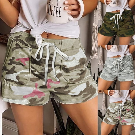 YVNAURA Womens Comfy Camo Shorts with Pockets, 2026 Summer Drawstring Elastic Waist Loose Fit Beach Shorts for Women, Lightweight Casual Lounge Vacation Pants Army Style,Grey,S
