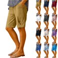 thumbnail image 1 of YVNAURA Womens Cotton Linen Blend Pull On Shorts High Waist Elastic Waistband with Pockets Solid Color Loose Fit Casual Straight Leg Summer Beach Travel Shorts,Brown,L, 1 of 6