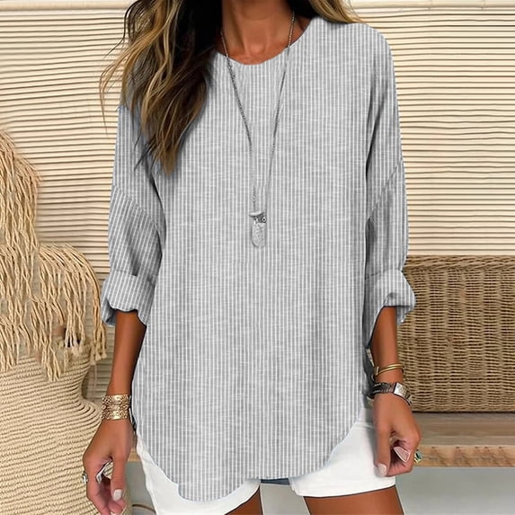 YVNAURA Womens Cotton Linen Striped Long Sleeve Crew Neck Tunic Loose Relaxed Fit Horizontal Stripe Blouse Casual Summer Top Breathable Lightweight Tee 2026, Grey,L