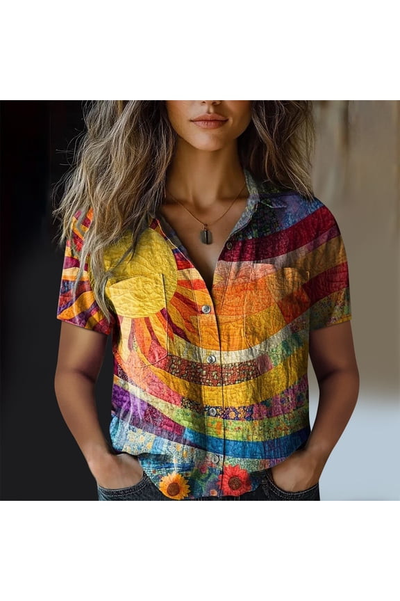 Womens Cotton Shirt Printed Button Down Short Sleeve Casual Tops Loose Fit Blouse for Women Summer Lightweight Breathable Everyday Wear, Camouflage,M