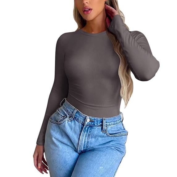 YVNAURA Womens Crew Neck Fitted Long Sleeve T Shirts Basic Layering Tees Slim Fit Soft Stretchy Tops Casual Everyday Wear Undershirts Fall Winter, Brown,M