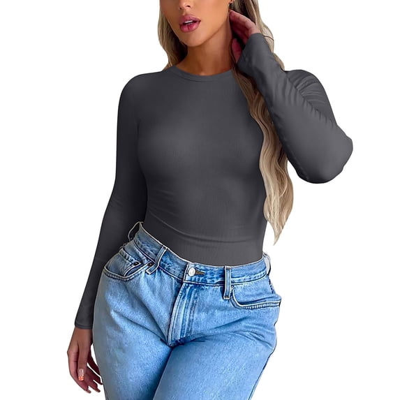 YVNAURA Womens Crew Neck Fitted Long Sleeve T Shirts Basic Layering Tees Slim Fit Soft Stretchy Tops Casual Everyday Wear Undershirts Fall Winter, Dark Gray,M