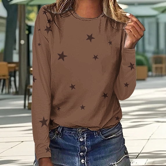 YVNAURA Womens Crew Neck Love Print Long Sleeve Shirt Breathable Cotton Blend Heart Graphic Tee Casual Pullover Top Lightweight Fall Winter Daily, Khaki,S