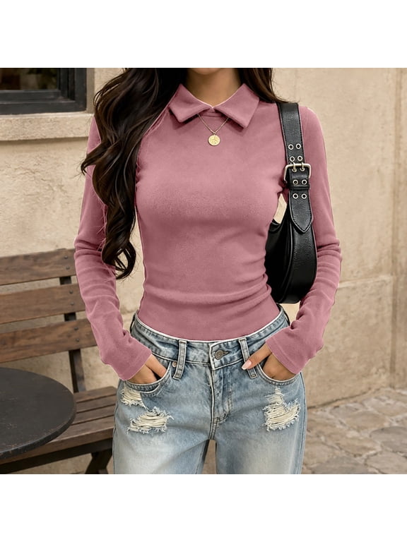 Womens Double Collar Thermal Tops Long Sleeve Fleece Lined Mock Neck Shirts Slim Fit Soft Stretchy Basic Layering Blouse Fall Winter Work Casual Base Layer Outfits, Pink, L
