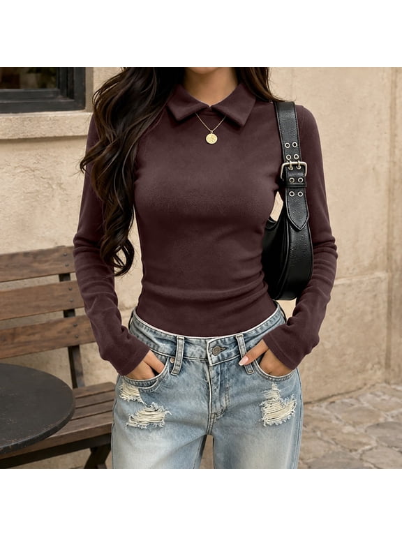 Womens Double Collar Thermal Tops Long Sleeve Fleece Lined Mock Neck Shirts Slim Fit Soft Stretchy Basic Layering Blouse Fall Winter Work Casual Base Layer Outfits, Coffee, M