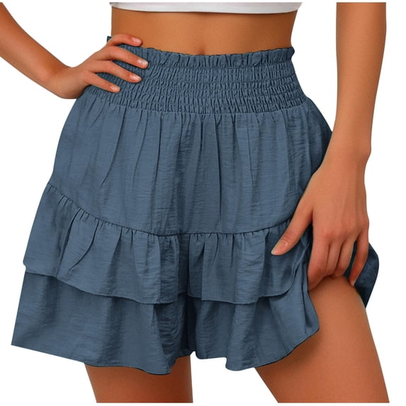 YVNAURA Womens Floral Ruffle Shorts High Waisted Elastic Drawstring, 2026 Summer Casual Loose Fit Wide Leg Pleated Hem Shorts with Pockets for Beach Vacation Daily Wear,Navy,S