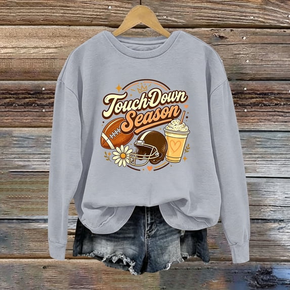 YVNAURA Womens Game Day Football Sweatshirt Funny Letter Graphic Print Long Sleeve Crewneck Pullover Casual Fan Tops for Touchdown Season Stadium Events, Grey,XXXL