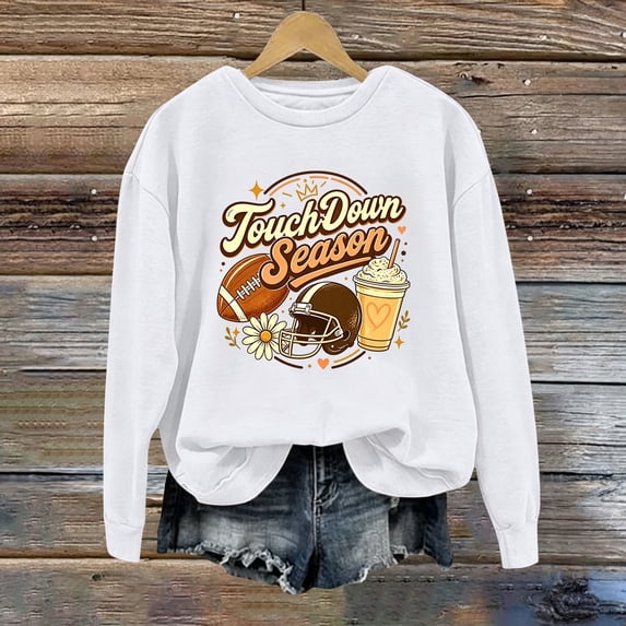 YVNAURA Womens Game Day Football Sweatshirt Funny Letter Graphic Print Long Sleeve Crewneck Pullover Casual Fan Tops for Touchdown Season Stadium Events, White,XXXL
