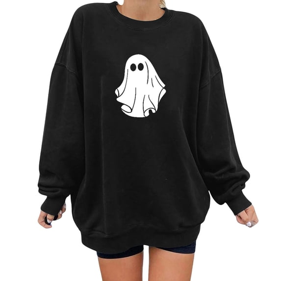 YVNAURA Womens Ghost Face Halloween Sweatshirt Oversized Long Sleeve Pullover Tops Crew Neck Graphic Horror Print Loose Fit Fall Outfits for Women Trick or Treat Tee, Black,M