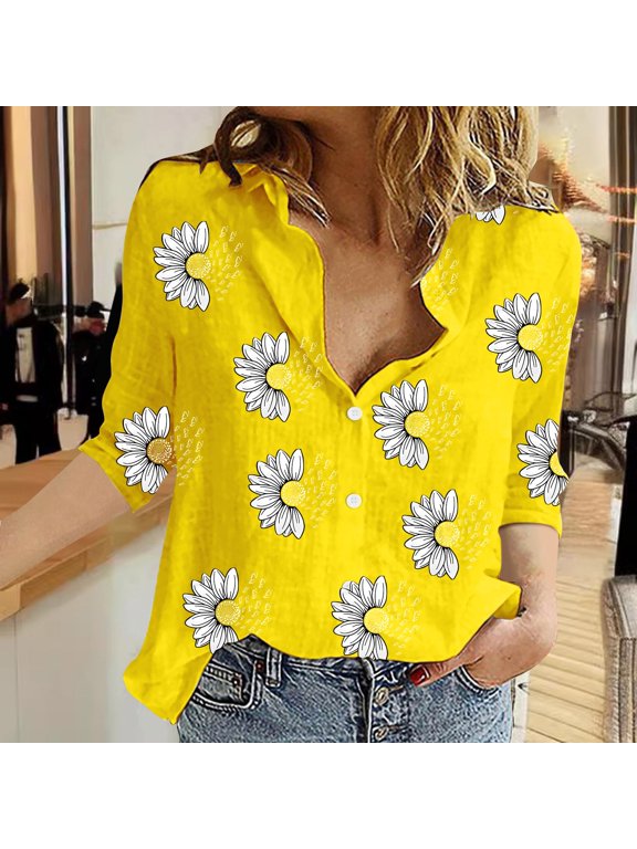 Womens Henley V Neck Floral Print Long Sleeve Blouses Button Up Loose Fit Tunic Tops Pleated Dressy Casual Work Office Shirts Soft Stretchy Flowy Hem Spring Summer FallYellow