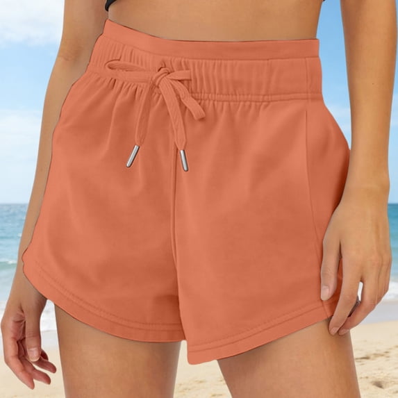 YVNAURA Womens High Rise Elastic Shorts with Pockets, 2026 Summer Casual Pull On Tummy Control Yoga Shorts for Women, Lightweight Breathable Outdoor Sports Gym Running Shorts,Orange,XL