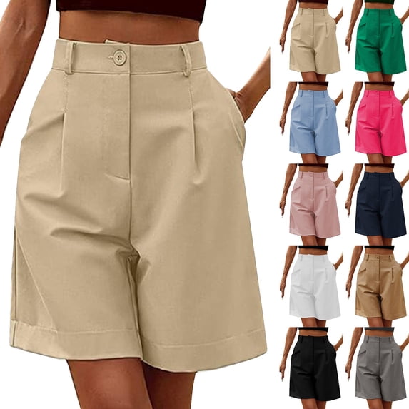 YVNAURA Womens High Waisted Bermuda Shorts Wide Leg Knee Length Elastic Waist Drawstring Casual Summer Shorts with Pockets Lightweight Beach Lounge 2026,Khaki,L