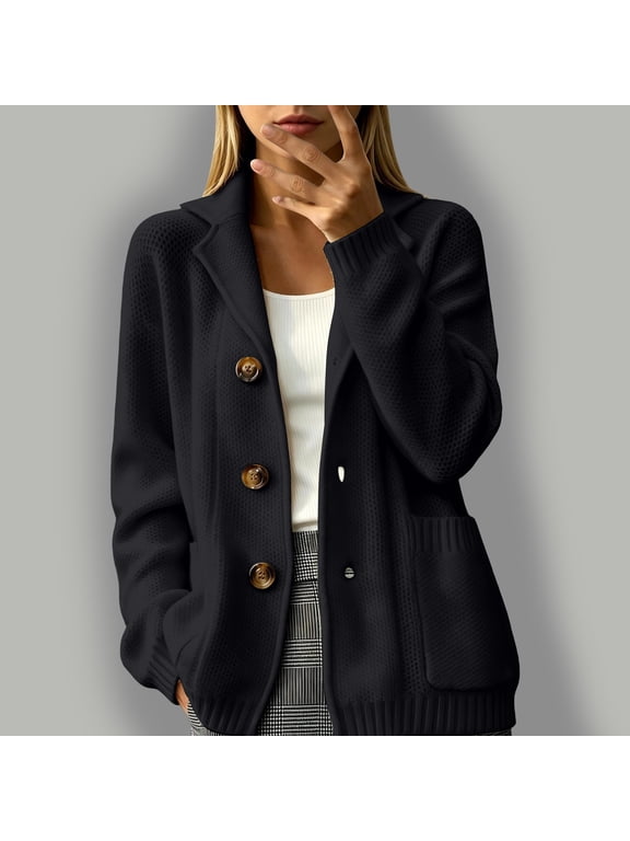 Womens Lapel Collar Knit Blazer Cardigan Button Down Long Sleeve Loose Fit Lightweight Open Front Sweater Jacket with Pockets Casual Work Office Daily Outfits, Black,XXXL