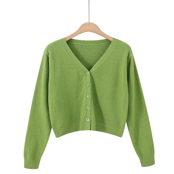 YVNAURA Womens Lightweight Cropped Cardigan V Neck Button Down Long Sleeve Loose Fit Open Front Knit Sweater Bolero Shrug Casual Fall Y2K Trendy High Waist Outfits, Green,XS