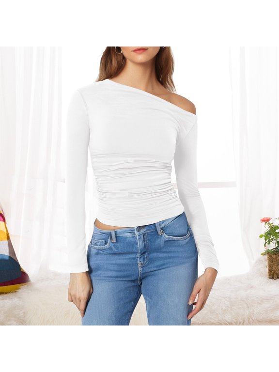 Womens Long Sleeve One Shoulder Ruched Top Fitted Cropped Slim Fit Ribbed Knit Asymmetrical Going Out Blouse Casual Date Night Club Y2k Outfits, White,S