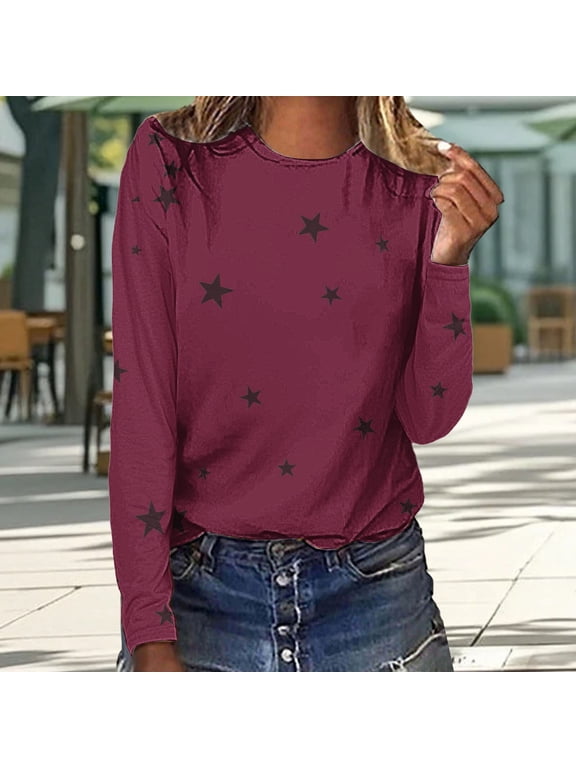 Womens Love Print Long Sleeve T Shirt Crew Neck Heart Graphic Casual Top Soft Cotton Blend Pullover Lightweight Breathable Daily Tee, Red,S