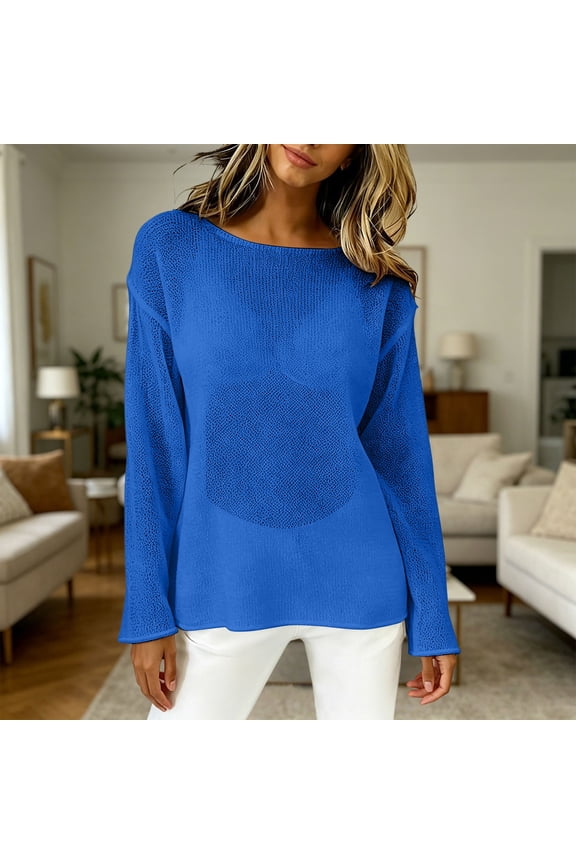 Womens Mesh Long Sleeve Top Boat Neck Crochet Knit Blouse Sheer Lightweight Summer Sweater See Through Open Work Layering Tunic Going Out Shirts 2026, Blue,L