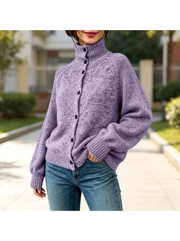 Womens Mock Neck Button Down Cardigan Marled Heathered Knit Oversized Loose Fit Raglan Long Sleeve Sweater Jacket Casual Fall Winter Cozy Trendy Outerwear, Purple,L
