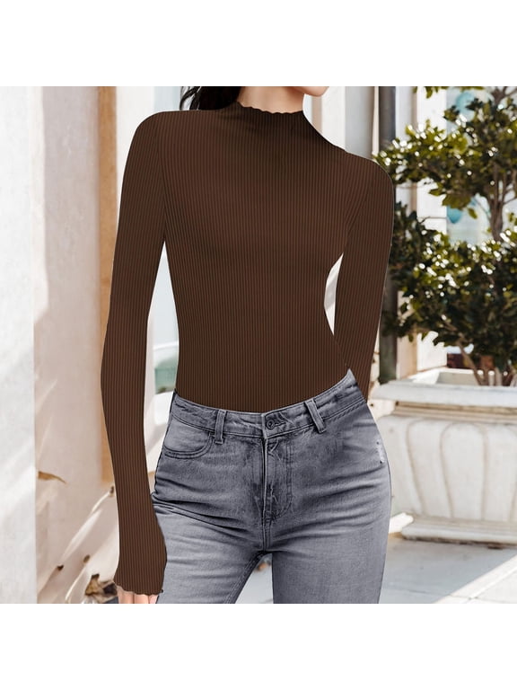 Womens Mock Neck Ribbed Pullover Sweaters Long Sleeve Slim Fit Tops with Gathered Detail Chest Casual Basic Layering Shirts Fall Winter, Coffee,XXL