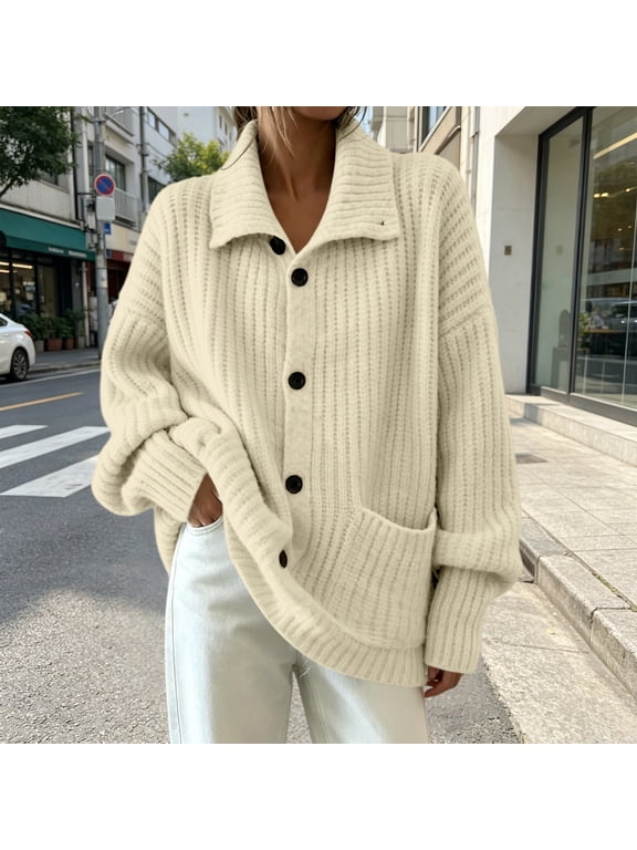 Womens Oversized Collared Chunky Ribbed Cardigan Button Down Long Sleeve Open Front Knit Sweater Jacket with Side Pockets Loose Fit Casual Fall Winter Outfits, Beige,XXXL
