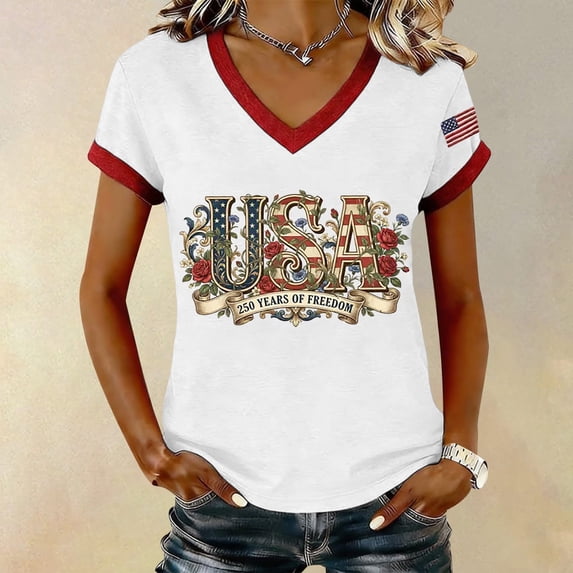 YVNAURA Womens Patriotic 250th Anniversary T Shirt V Neck American Flag Graphic Tee 1776-2026 USA Classic Fit Casual Summer Top for 4th of July Every Day Pride, White, M